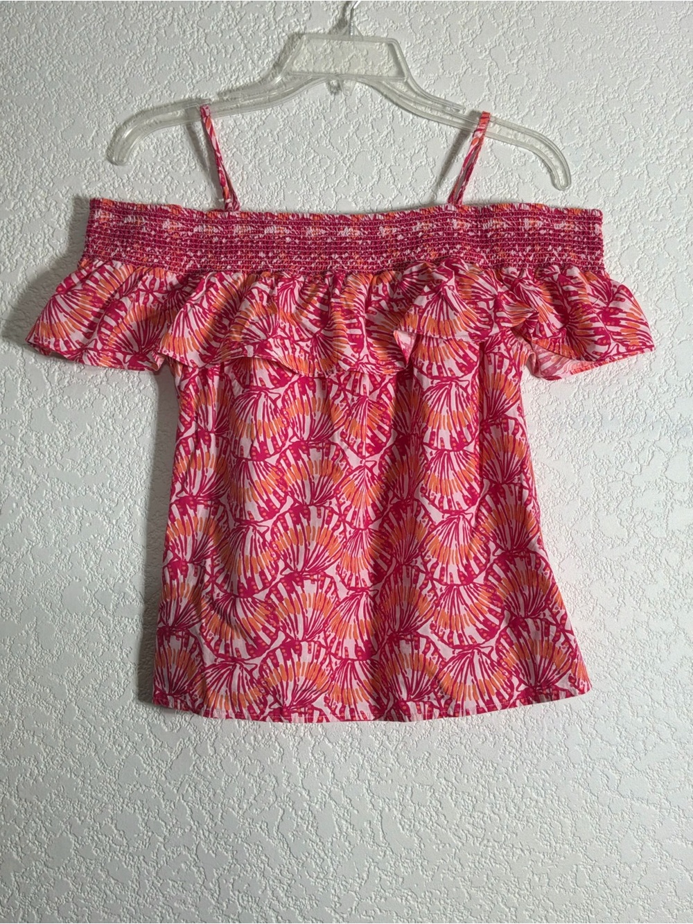 Vineyard Vines Off the Shoulder Pink & Orange Printed Ruffle Women's Top Medium